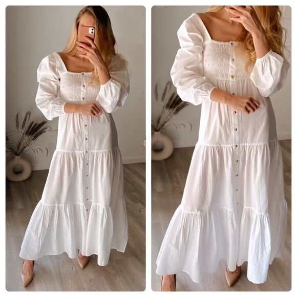 ASOS Dresses & Skirts - White Cotton Dress Smocking Long Maxi New